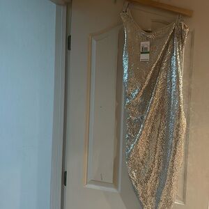 Gold silver one shoulder Michael Kord dress! NWT